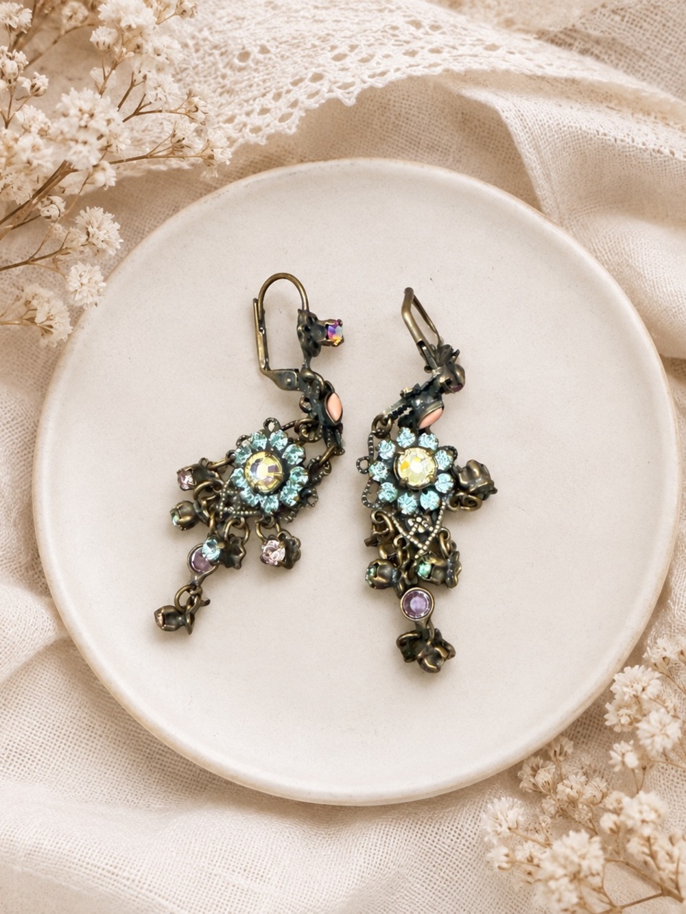 Aqua and Iridescent Floral Drop Earrings - Women Jewelry